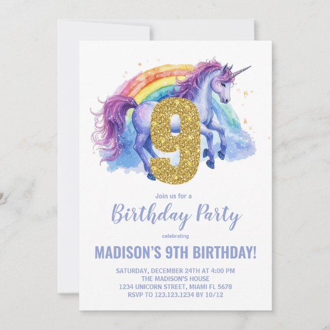 9º Convites de Aniversário do Rainbow Unicorn (Frente)