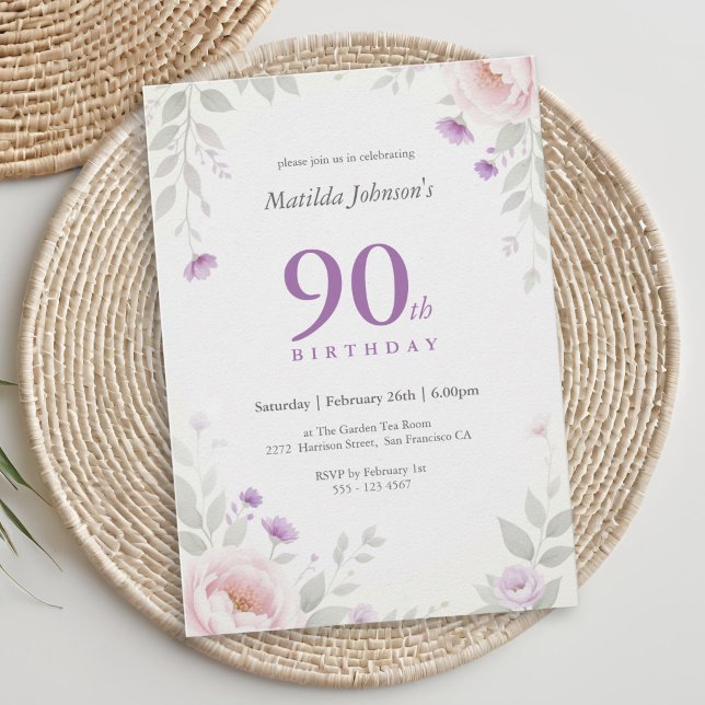 90º Convites de Aniversário Florais Elegantes (90th Birthday Invitation Pastel Floral Garden)