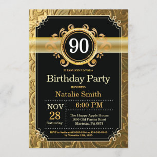 90 Aniversário Convite Preto e Dourado