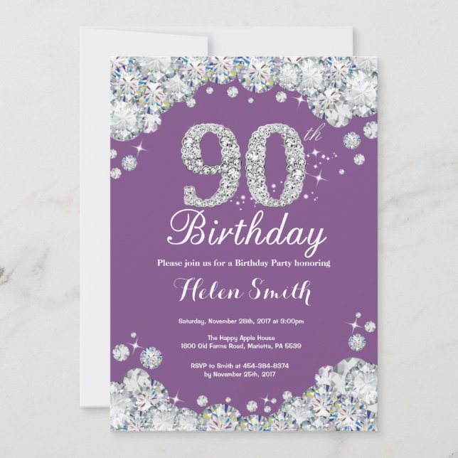 90 Aniversário Convite Roxo e Diamante Prateado (Frente)