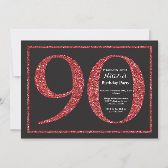 90 Birthday Convite Vermelho Glitter Quadro (Frente)