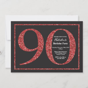 90 Birthday Convite Vermelho Glitter Quadro