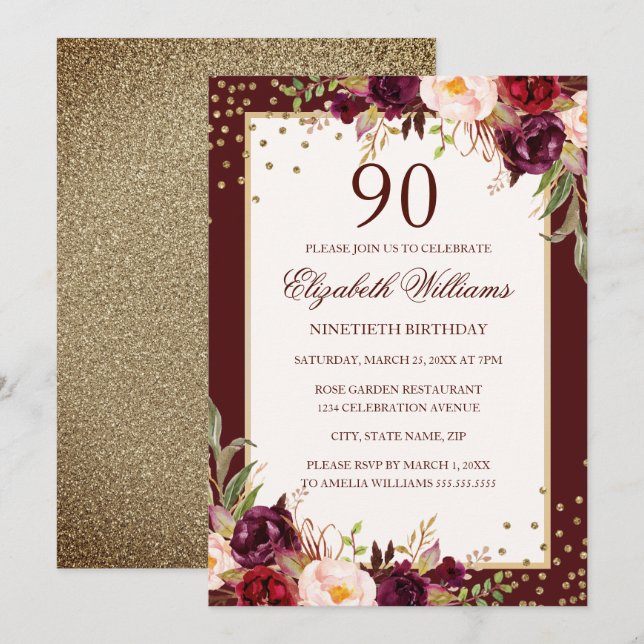 90 Birthday Dourado Burgundy Convite Floral (Frente/Verso)