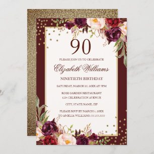 90 Birthday Dourado Burgundy Convite Floral