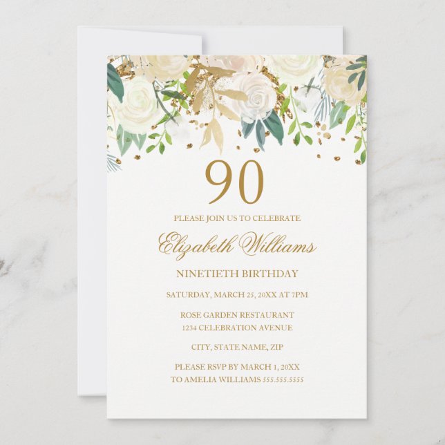 90 Birthday Elegant Dourado Convite Floral (Frente)