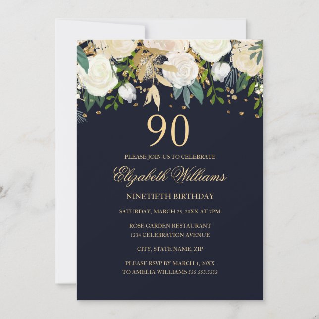 90 Birthday Elegant Marinho Dourado Convite Floral (Frente)