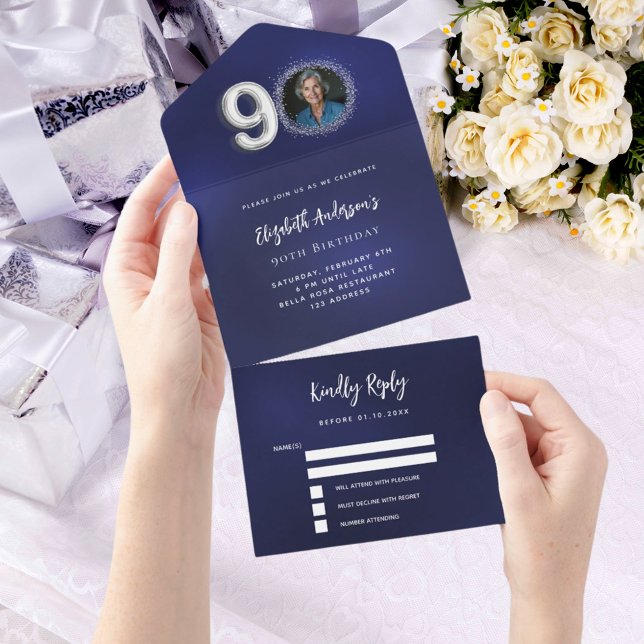 90 Birthday marinho azul foto prateada rsvp (Criador carregado)