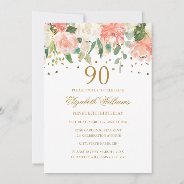 90 Birthday Peach Dourado Convite Floral (Frente)