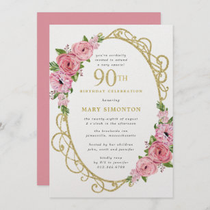 90 Birthday Pink Rose Convite Dourado Floral