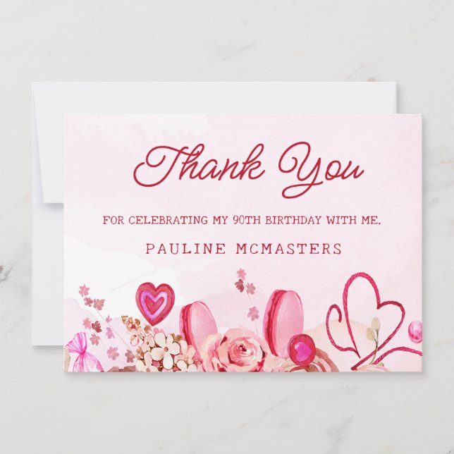 90 Birthday Pink Rose Swirly Heart Obrigado (Frente)