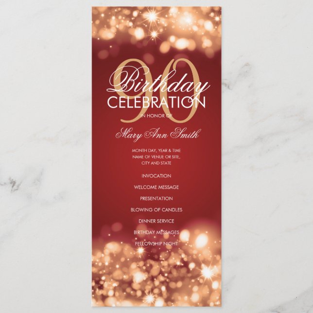 90 Birthday Programa Glam Lights Red Dourado Menu (Frente)