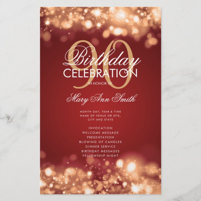 90 Birthday Programa Luzes Douradas Menu Vermelho (Frente)