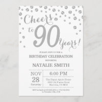 90 Birthday Silver Glitter Diamond Convite