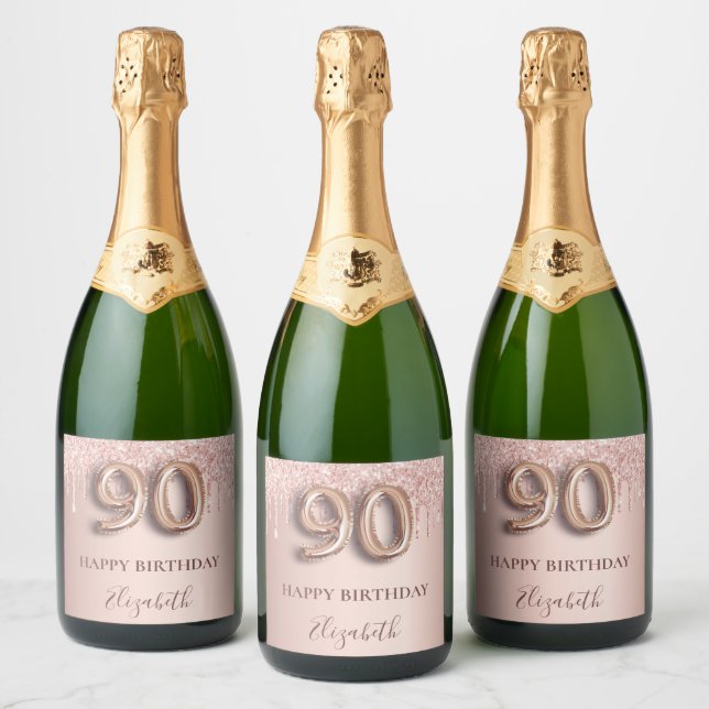 90 de aniversário rosa dourado brilho cor-de-rosa  (Garrafas)