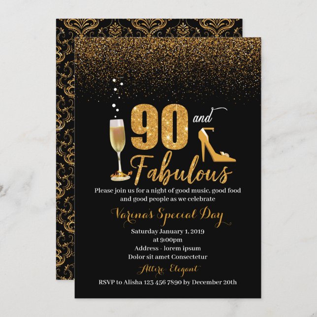 90 e Fabuloso Convite de Aniversário para Mulheres (Frente/Verso)