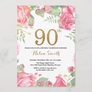 90 Floral Aniversário Convite Dourado