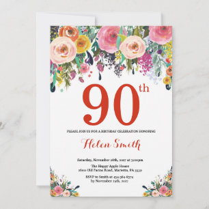 90 Floral Aniversário Convite Vermelho