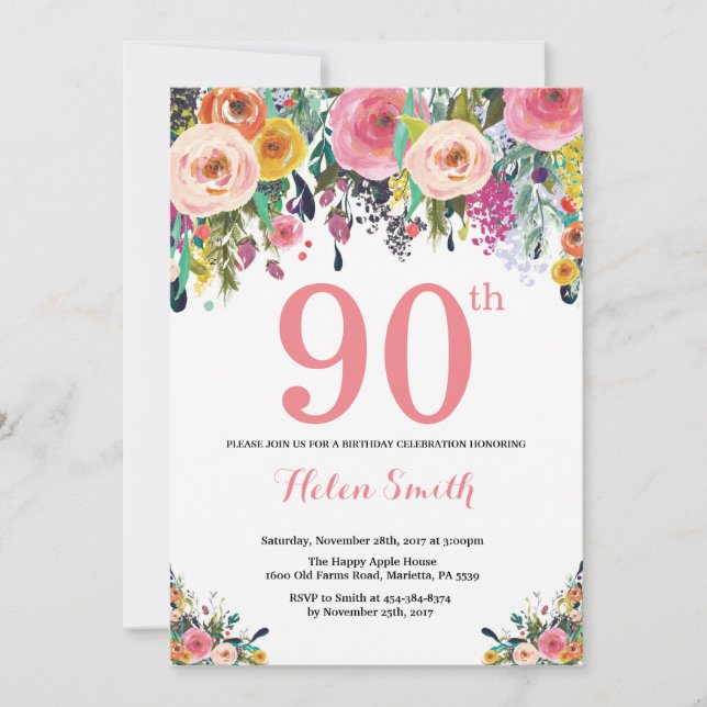90 Floral - Convite de Aniversário, Rosa (Frente)