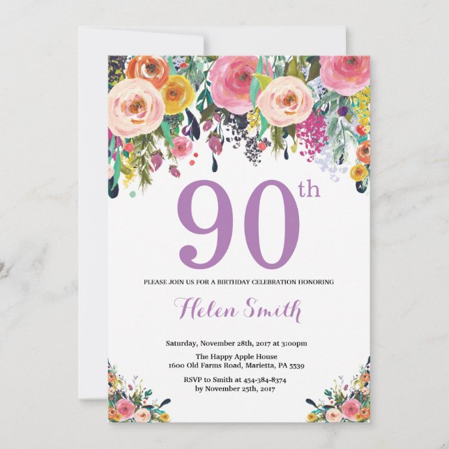 90 Floral Convite de Aniversário Roxo (Frente)