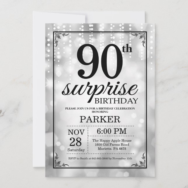 90 Surpresa - Glitter de Silver de Convite de Aniv (Frente)
