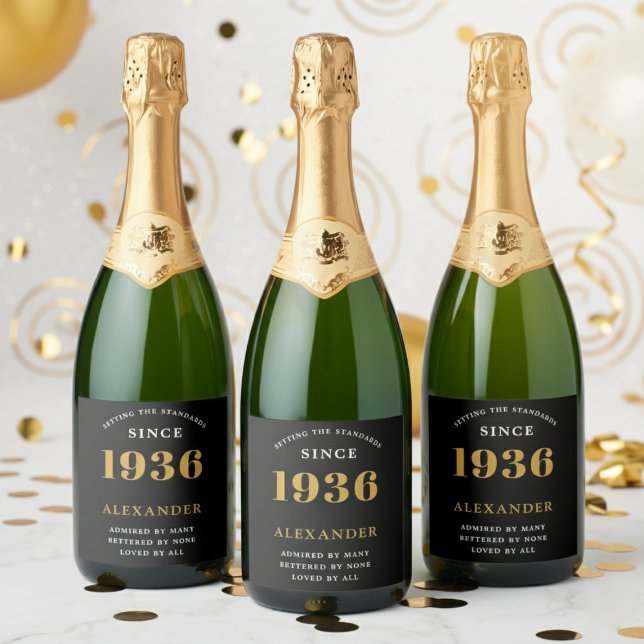 90th Birthday Name 1936 Black Gold Elegant Chic (1936 Sparkling wine label. White background.)
