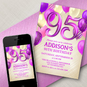 95.o Convite para Balões Rosa de Aniversário