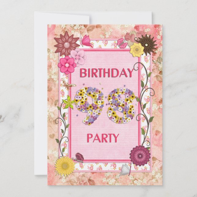 98º convite de aniversário com quadro floral (Frente)