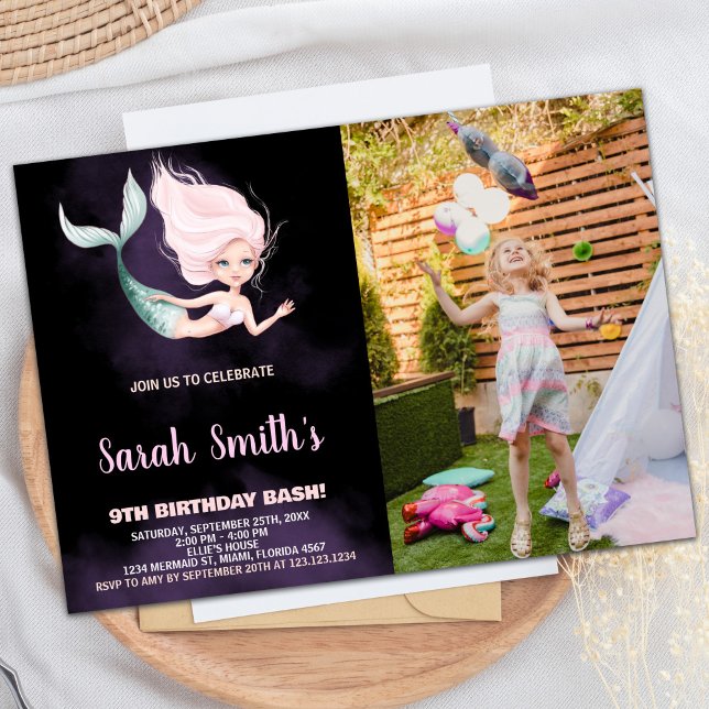 9.ª Loira Sereia Convites de Aniversário com Foto (9th Blond Mermaid Birthday Invitations With Photo)