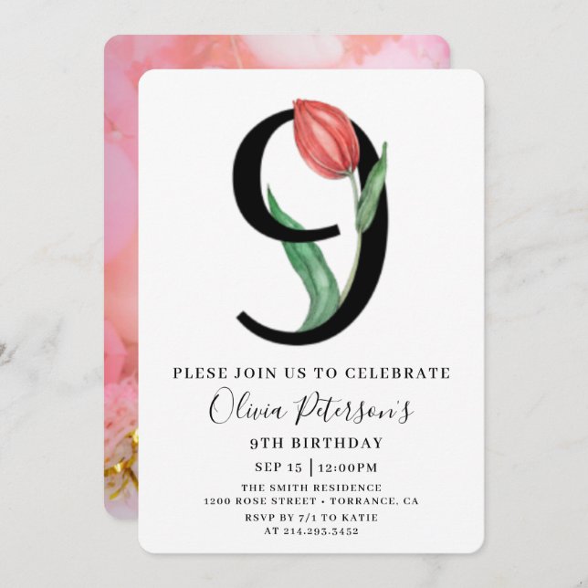 9.º Aniversário Floral com Convite Fotográfico Per (Frente/Verso)