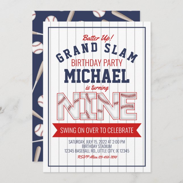 9.º Convite de aniversário para beisebol (Frente/Verso)