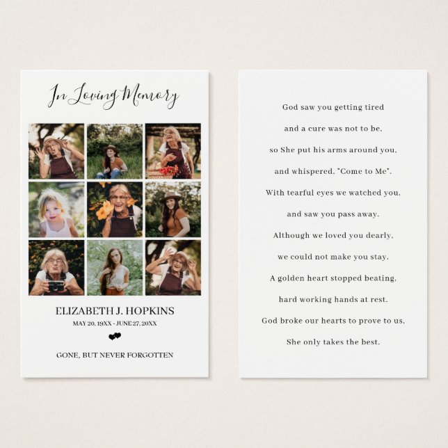 9 Cartões de Oração para Memória Funeral (Frente & Verso)