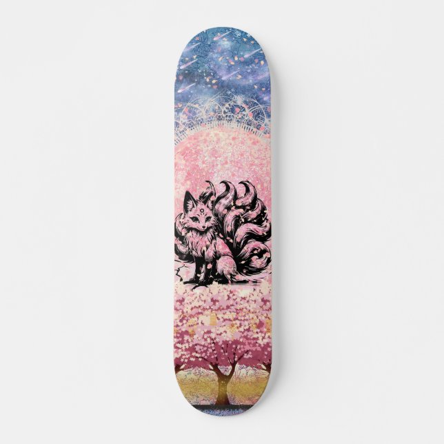 9 Tail Fox Asiated Pink Cherry Blossom Skateboard (Frente)