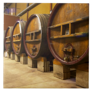 A adega da vinícola com grandes barris de madeira