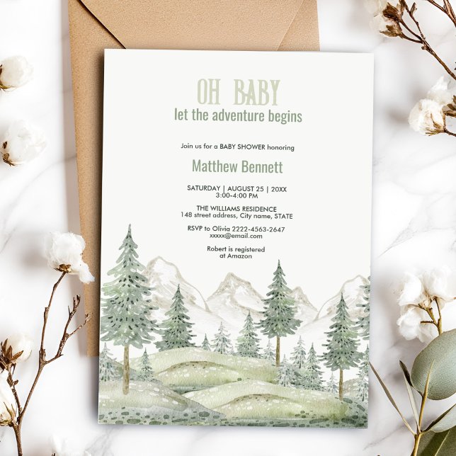 A aventura da floresta inicia o convite ao chá de  (Charming sage green watercolor forest baby shower invitation)