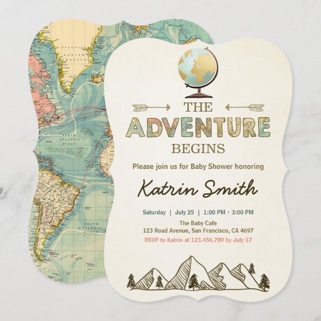 A Aventura inicia o convite de Chá de fraldas Mapa (Frente/Verso)