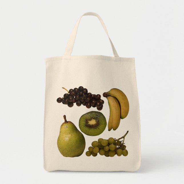 A bolsa de compra da fruta - uvas, bananas, quivi, (Frente)