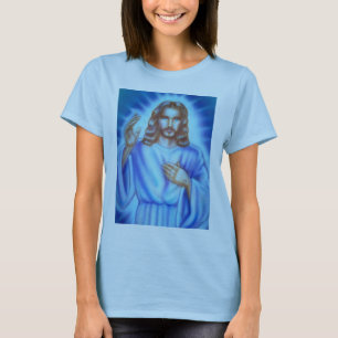 A camisa da senhora azul com imagem de Jesus