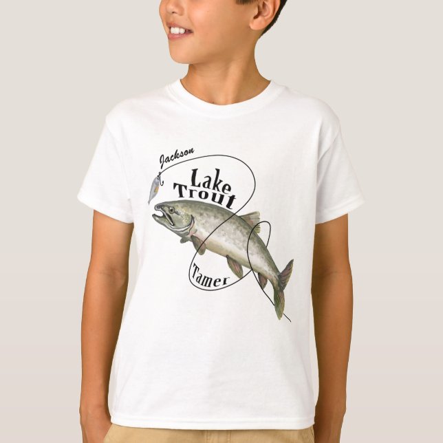 A camiseta personalizável do Lake Trout Tamer Boy. (Frente)