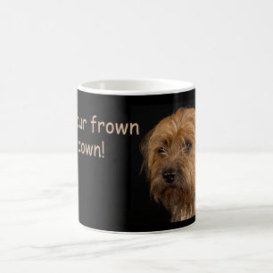 A caneca branca do cão de Terrier de beira, olha