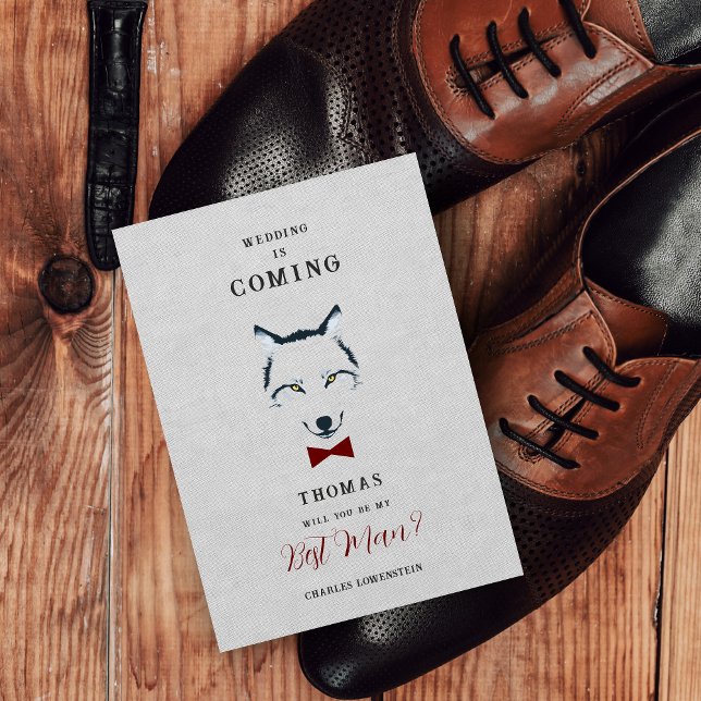 A Cinza do Lobo do Casamento  o Torneio do Arco Ve (Grey Shades Best Man Proposal Card with Red Bow Tie Featuring Wedding Wolf Design.)