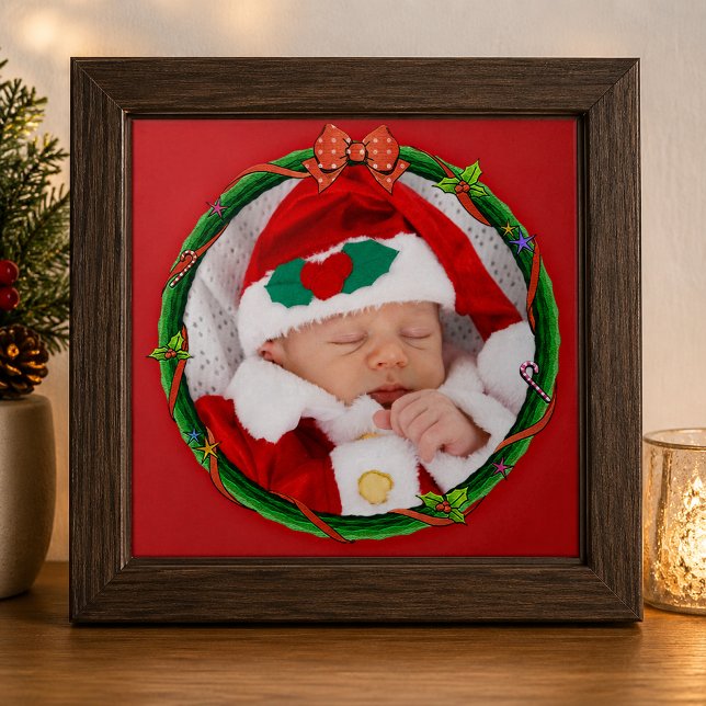 A grinalda do Natal adiciona seus foto & fundo (Christmas Wreath Add Your Photo & Red Background Ceramic Tile)