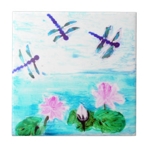 A libélula, lírio floresce a pintura da lagoa