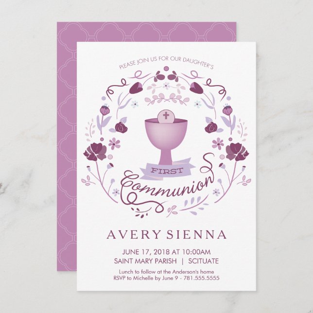 A primeira menina do convite do comunhão (Frente/Verso)