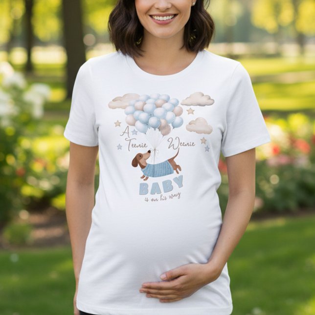 A Teenie Weenie Baby Boy Pregnancy Announcement (Baby reveal pregnancy announcement t-shirt. Dachshund and balloons design in blue and beige)