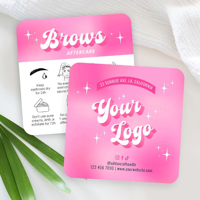 A Tendy Pink Retro Groovs Irrompeu Após Cartões De (Trendy brows care cards with icons, featuring girly pink design, care icons & retro fonts)