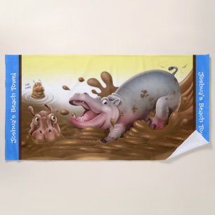 A toalha de praia Muddy Hippos. Borda azul