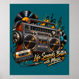 A Vida Soa Melhor Com Música Pôster Retro de Boomb
