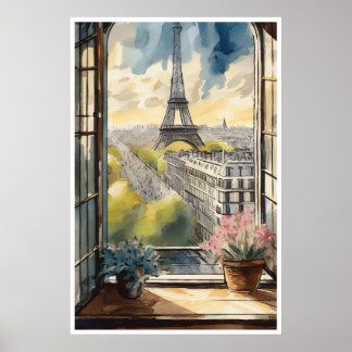 A vista de Paris, Torre Eiffel e Poster do Louvre