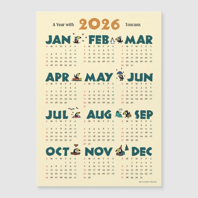 A Year with Toucans: Calendar 2026 マグネットカード (Frente)