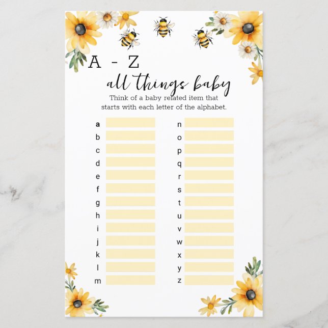 A-Z todas as coisas jogo de chá de bebê (Frente)